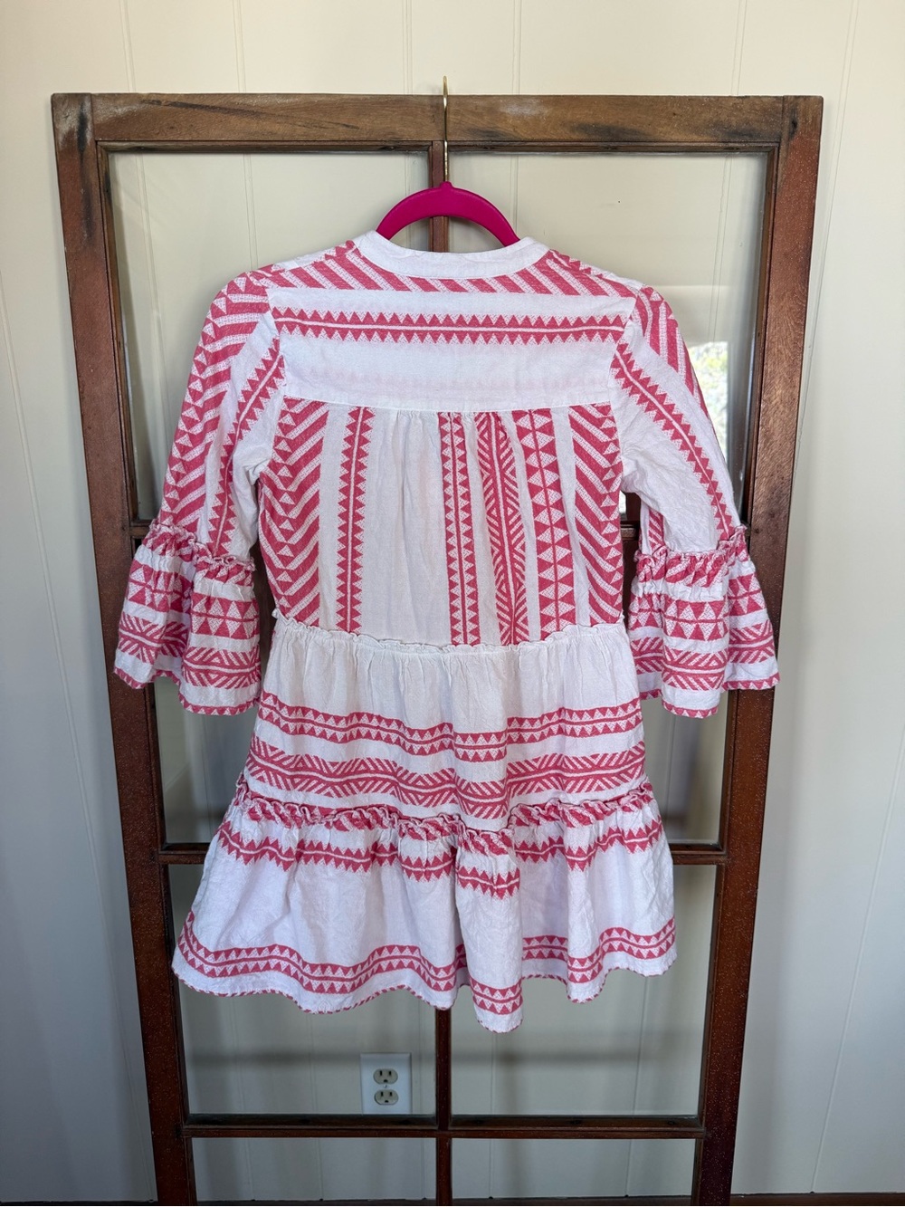 Mi Ami Pink & White Boho Geometric Tiered Mini Dress Bell Sleeve Babydoll - XS - Picture 4 of 4